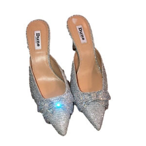 𝅺dune London Silver Sparkle Glitter Mule Heels w Bow Accent - New EU 36 US 5